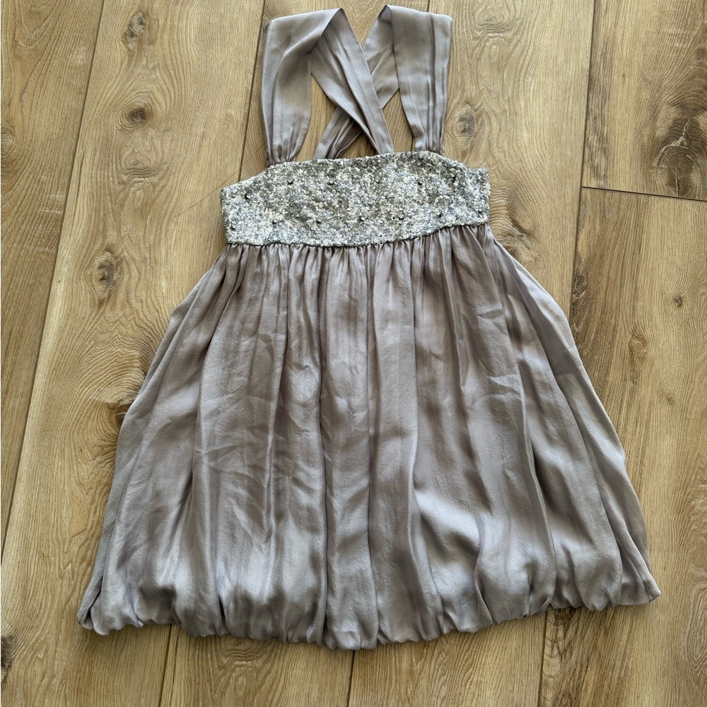 Alice + Olivia Silk Sequin Crystal Babydoll Dress Gray & Silver